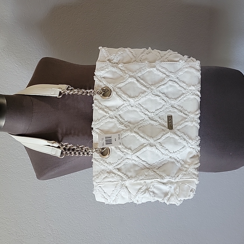 White Canvas Tote Handbag Shoulder Bag Chain Strap Carlos Santana EUC